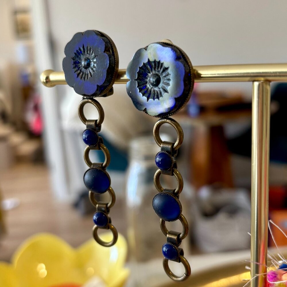 Vintage Blue Flower Drop Earrings, Clip-On - Picture 2 of 5